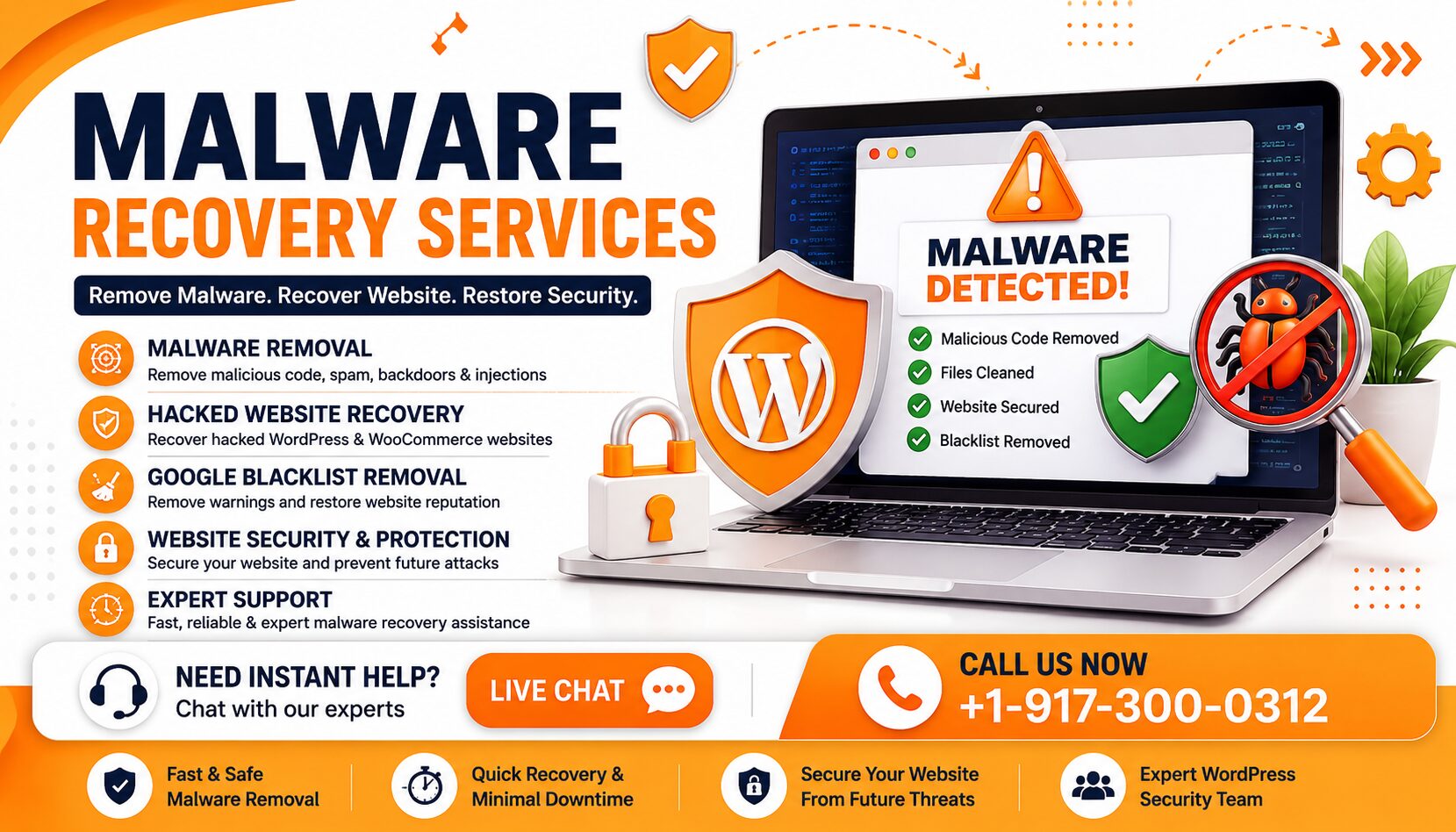 Malware recovery services for WordPress and WooCommerce websites including malware removal, hacked website recovery, and website security protection
